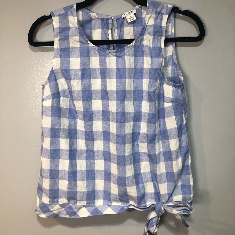 J. Crew Blue and White Gingham Tie-Hem Tank Top
